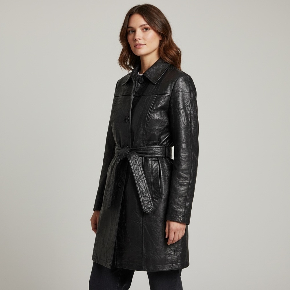 Leworld Fine Leather Textured Patchwork Belted Tr… - image 1